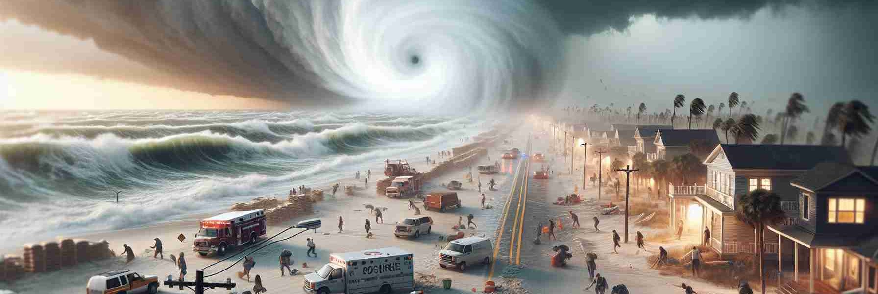 Generate a realistic, high-definition image of an incoming cyclone approaching a coastal region, with an atmosphere of preparation, and signs of imminent government mobilization for safety such as sandbags, people boarding their windows, and emergency vehicles on standby.