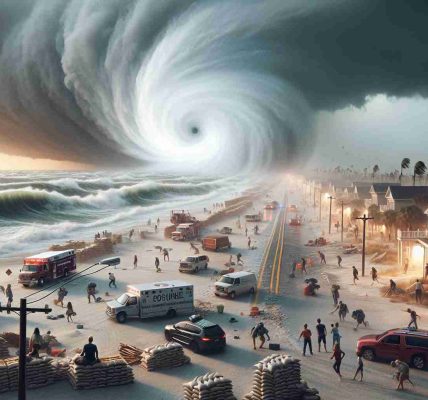 Generate a realistic, high-definition image of an incoming cyclone approaching a coastal region, with an atmosphere of preparation, and signs of imminent government mobilization for safety such as sandbags, people boarding their windows, and emergency vehicles on standby.