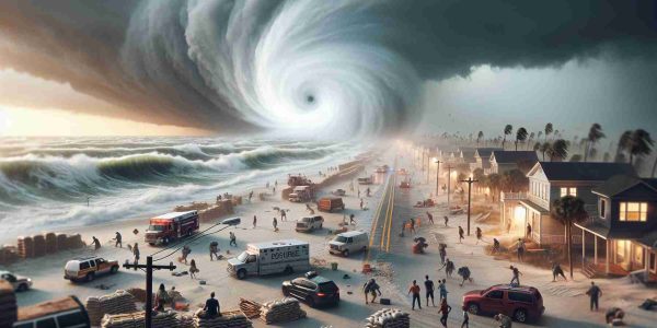 Generate a realistic, high-definition image of an incoming cyclone approaching a coastal region, with an atmosphere of preparation, and signs of imminent government mobilization for safety such as sandbags, people boarding their windows, and emergency vehicles on standby.