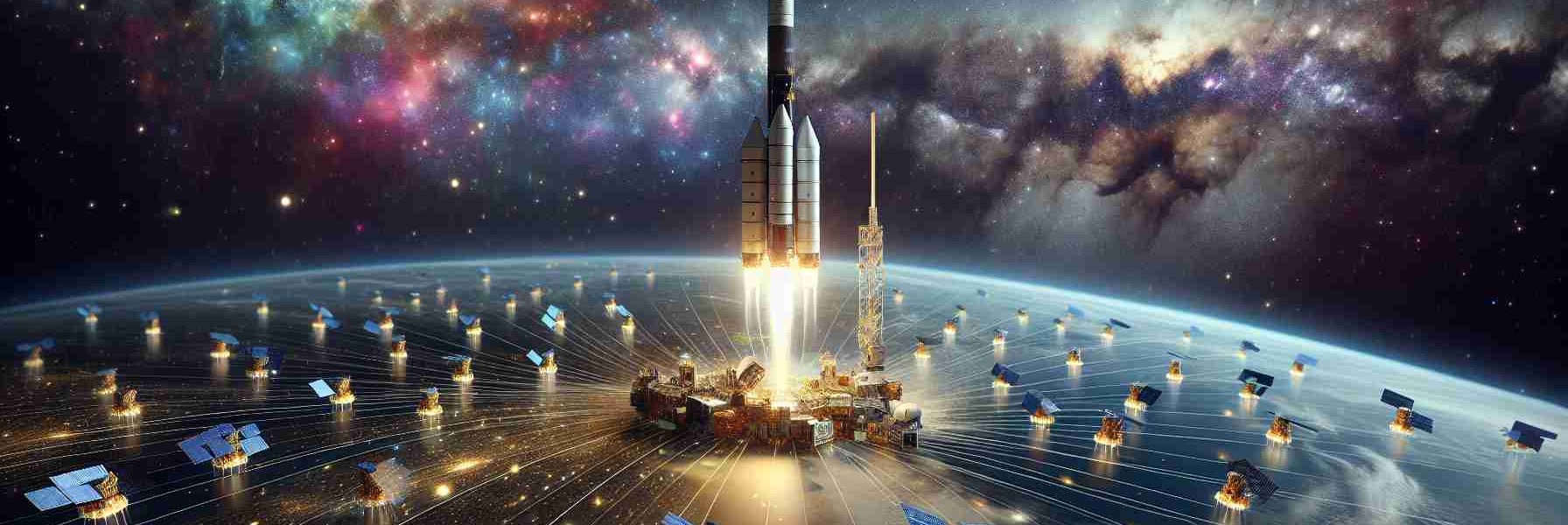 A high-definition, realistic image depicting the strengthening of satellite networks. This scenario includes a depiction of a latest space launch from a generic private aerospace company, showcasing the trajectory of the rocket blasting off into space. Around the rocket, multiple miniature satellites can be visualized, each being deployed in their specific orbits to form a network. The background is filled with the celestial wonders of outer-space, with distant stars, colorful nebulae, and distant galaxies. The earth floats in the bottom of the frame, offering a beautiful contrast between the human achievement and the vastness of space.