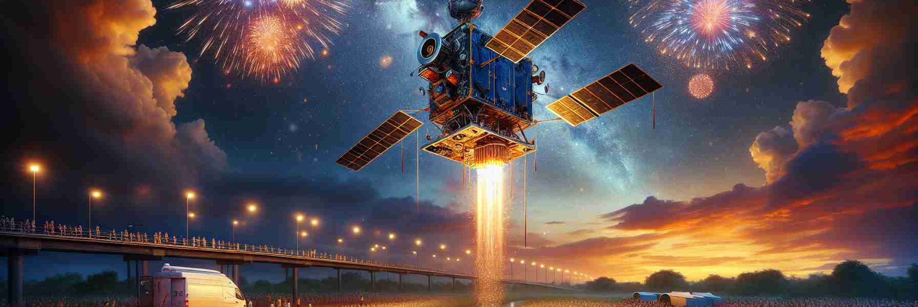 A highly detailed and realistic image of a student-crafted satellite launching into space on Independence Day. The sky is vibrant and colored with hues of evening orange, with the dramatic backdrop of fireworks illuminating the scene. The satellite, a meticulous piece of work, exhibits signs of being crafted with care and determination by diverse, earnest students. This once-microcosm of a classroom project is captured in mid-air as it ascends towards the vast universe, symbolizing ambition, teamwork, and intellectual curiosity. A small crowd gathered around, awe-struck by the spectacle.