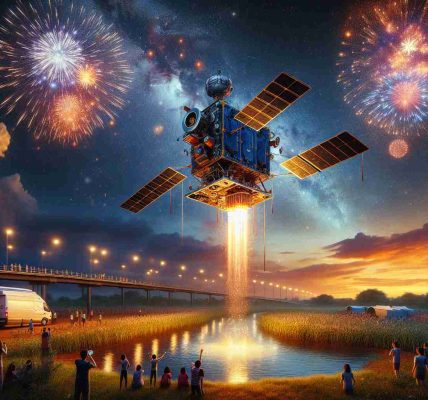 A highly detailed and realistic image of a student-crafted satellite launching into space on Independence Day. The sky is vibrant and colored with hues of evening orange, with the dramatic backdrop of fireworks illuminating the scene. The satellite, a meticulous piece of work, exhibits signs of being crafted with care and determination by diverse, earnest students. This once-microcosm of a classroom project is captured in mid-air as it ascends towards the vast universe, symbolizing ambition, teamwork, and intellectual curiosity. A small crowd gathered around, awe-struck by the spectacle.