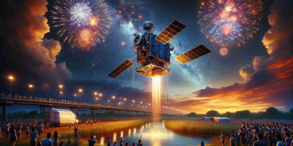 A highly detailed and realistic image of a student-crafted satellite launching into space on Independence Day. The sky is vibrant and colored with hues of evening orange, with the dramatic backdrop of fireworks illuminating the scene. The satellite, a meticulous piece of work, exhibits signs of being crafted with care and determination by diverse, earnest students. This once-microcosm of a classroom project is captured in mid-air as it ascends towards the vast universe, symbolizing ambition, teamwork, and intellectual curiosity. A small crowd gathered around, awe-struck by the spectacle.