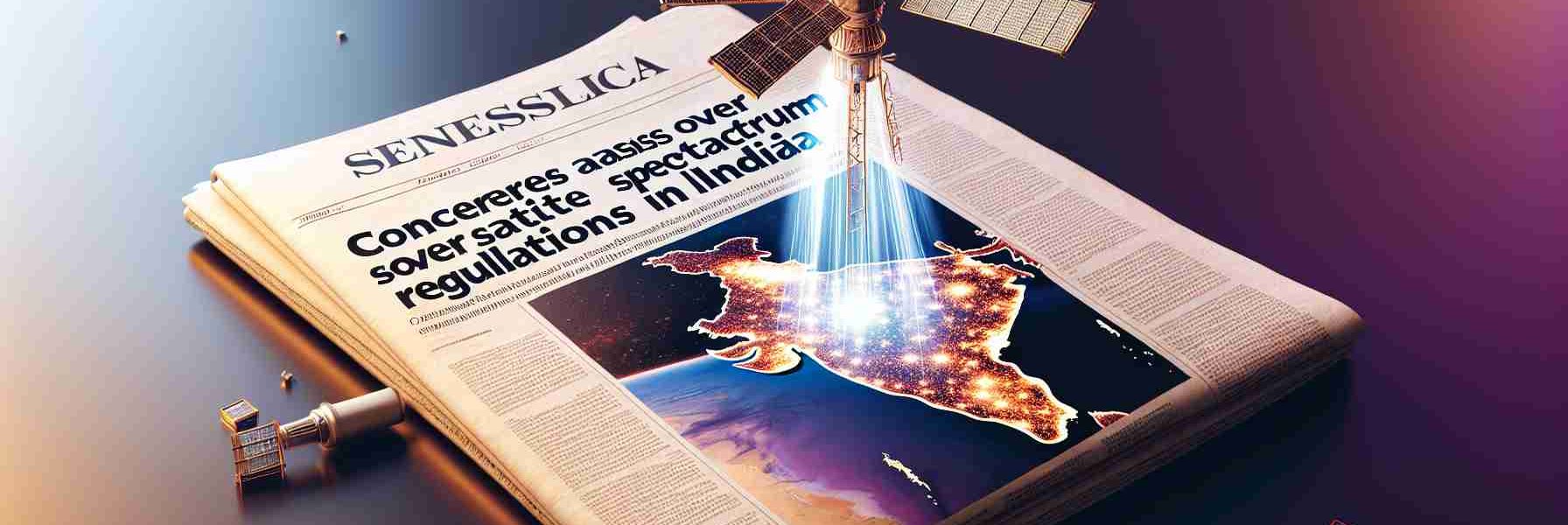 Render a hyper-realistic, high-definition image of a newspaper-style headline reading 'Concerns Arise Over Satellite Spectrum Regulations in India', along with a matching illustration. The illustration should depict a stylised satellite beaming signals down towards a map of India, in a way that symbolises regulatory concerns.