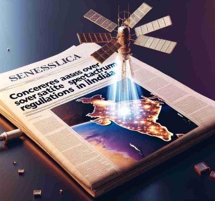 Render a hyper-realistic, high-definition image of a newspaper-style headline reading 'Concerns Arise Over Satellite Spectrum Regulations in India', along with a matching illustration. The illustration should depict a stylised satellite beaming signals down towards a map of India, in a way that symbolises regulatory concerns.