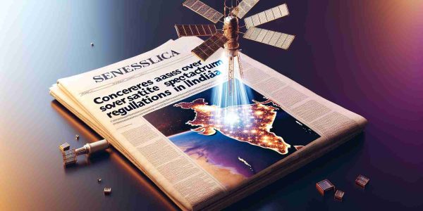 Render a hyper-realistic, high-definition image of a newspaper-style headline reading 'Concerns Arise Over Satellite Spectrum Regulations in India', along with a matching illustration. The illustration should depict a stylised satellite beaming signals down towards a map of India, in a way that symbolises regulatory concerns.