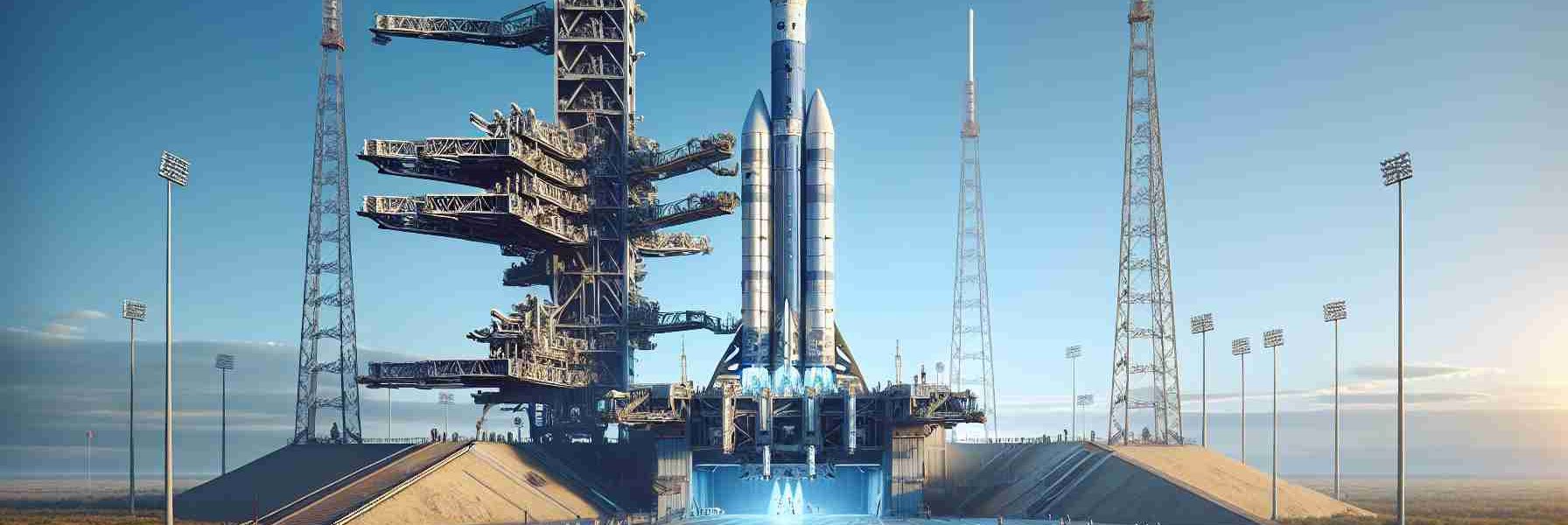 Generate a high-resolution, realistic image of a spacecraft on a launch pad. The launch vehicle is designed to deploy a network of communication satellites, commonly known as Starlink satellites. The surroundings are filled with anticipation for the imminent launch, with technical crew members performing last-minute checks and journalists documenting the event from a safe distance. A cloudless clear blue sky serves as a backdrop to this remarkable human endeavour.