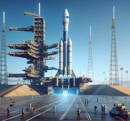 Generate a high-resolution, realistic image of a spacecraft on a launch pad. The launch vehicle is designed to deploy a network of communication satellites, commonly known as Starlink satellites. The surroundings are filled with anticipation for the imminent launch, with technical crew members performing last-minute checks and journalists documenting the event from a safe distance. A cloudless clear blue sky serves as a backdrop to this remarkable human endeavour.