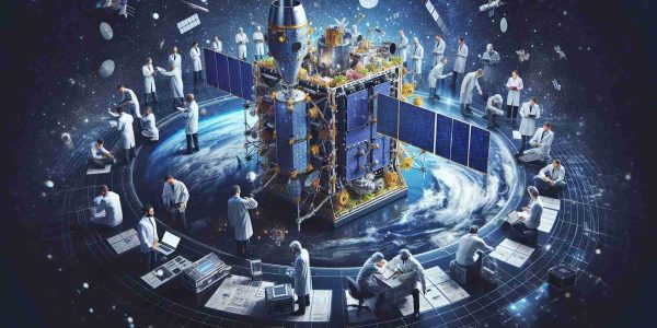 Generate a high-definition, realistic image featuring a satellite integration scene, signifying the advancement of European space missions. Display an elaborate preparation scene, with the satellite at the center, equipped with advanced technology. Include a number of experts and scientists, both men and women from various descents such as Caucasian, Hispanic, and South Asian, working in perfect sync, reflecting a professional, diverse, and advanced space mission environment.