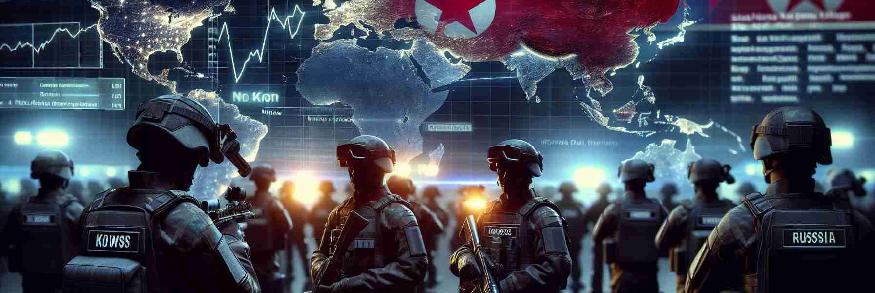 A hyperrealistic high-definition image depicting a tense international scenario as troops, represented by dark uniformed soldiers from an undisclosed northern Asian country, implying North Korea, move towards the east, implying Russia. The atmosphere is thick with anticipation and a sense of alertness is palpable. There are news ticker graphics and world maps glowing in the background, indicating a global focus and monitoring, but no specific location or country is highlighted to preserve neutrality.