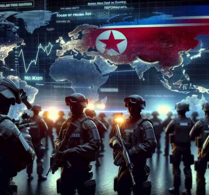 A hyperrealistic high-definition image depicting a tense international scenario as troops, represented by dark uniformed soldiers from an undisclosed northern Asian country, implying North Korea, move towards the east, implying Russia. The atmosphere is thick with anticipation and a sense of alertness is palpable. There are news ticker graphics and world maps glowing in the background, indicating a global focus and monitoring, but no specific location or country is highlighted to preserve neutrality.