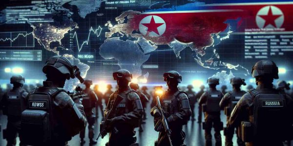 A hyperrealistic high-definition image depicting a tense international scenario as troops, represented by dark uniformed soldiers from an undisclosed northern Asian country, implying North Korea, move towards the east, implying Russia. The atmosphere is thick with anticipation and a sense of alertness is palpable. There are news ticker graphics and world maps glowing in the background, indicating a global focus and monitoring, but no specific location or country is highlighted to preserve neutrality.