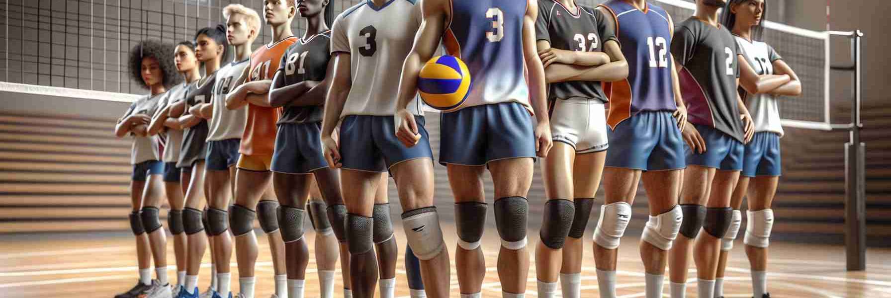 Realistic high-definition image of Brevard County high school volleyball teams preparing for state playoffs. Capture the emotions of anticipation and excitement. This image should include diverse players of various genders and descents, sporting gear such as jerseys, knee pads, and sneakers. The backdrop should be a high school gymnasium, with nets and volleyball balls included in the scene.