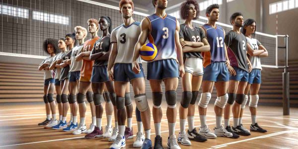 Realistic high-definition image of Brevard County high school volleyball teams preparing for state playoffs. Capture the emotions of anticipation and excitement. This image should include diverse players of various genders and descents, sporting gear such as jerseys, knee pads, and sneakers. The backdrop should be a high school gymnasium, with nets and volleyball balls included in the scene.