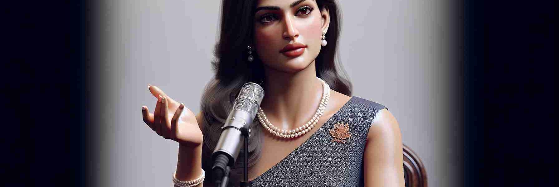 Realistic HD image of a South Asian woman, who is a prominent politician engaging with voters while participating on a popular podcast. She is seen conveying her thoughts with poise, charm, and charisma. She is adorned in a formal dress with a string of pearls looped around her neck, and her hair is styled down.