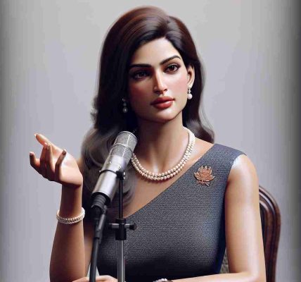 Realistic HD image of a South Asian woman, who is a prominent politician engaging with voters while participating on a popular podcast. She is seen conveying her thoughts with poise, charm, and charisma. She is adorned in a formal dress with a string of pearls looped around her neck, and her hair is styled down.