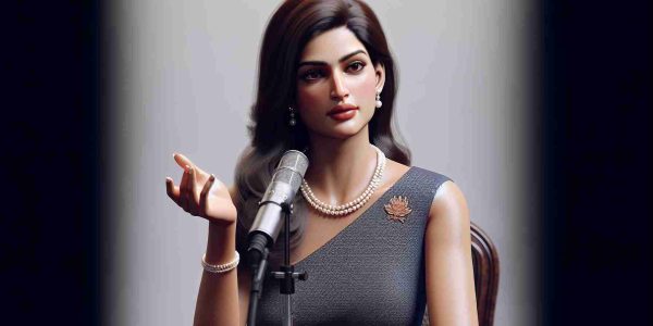 Realistic HD image of a South Asian woman, who is a prominent politician engaging with voters while participating on a popular podcast. She is seen conveying her thoughts with poise, charm, and charisma. She is adorned in a formal dress with a string of pearls looped around her neck, and her hair is styled down.