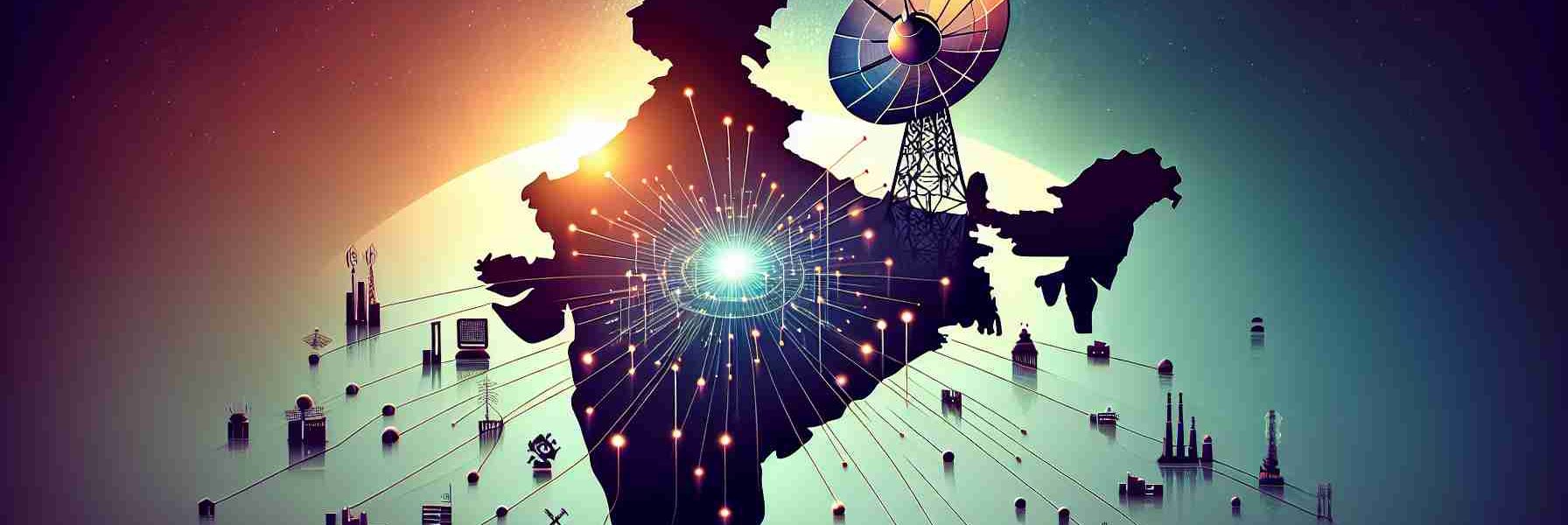 Create a realistic HD image depicting the design of a sprite that represents Satellite Spectrum Allocation with a title 'A New Horizon for Telecom Services' over the silhouette map of India. Add abstract connections between the satellite and several different points on the map. The whole thing should look like an infographic or poster.