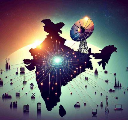 Create a realistic HD image depicting the design of a sprite that represents Satellite Spectrum Allocation with a title 'A New Horizon for Telecom Services' over the silhouette map of India. Add abstract connections between the satellite and several different points on the map. The whole thing should look like an infographic or poster.