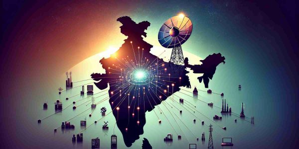 Create a realistic HD image depicting the design of a sprite that represents Satellite Spectrum Allocation with a title 'A New Horizon for Telecom Services' over the silhouette map of India. Add abstract connections between the satellite and several different points on the map. The whole thing should look like an infographic or poster.