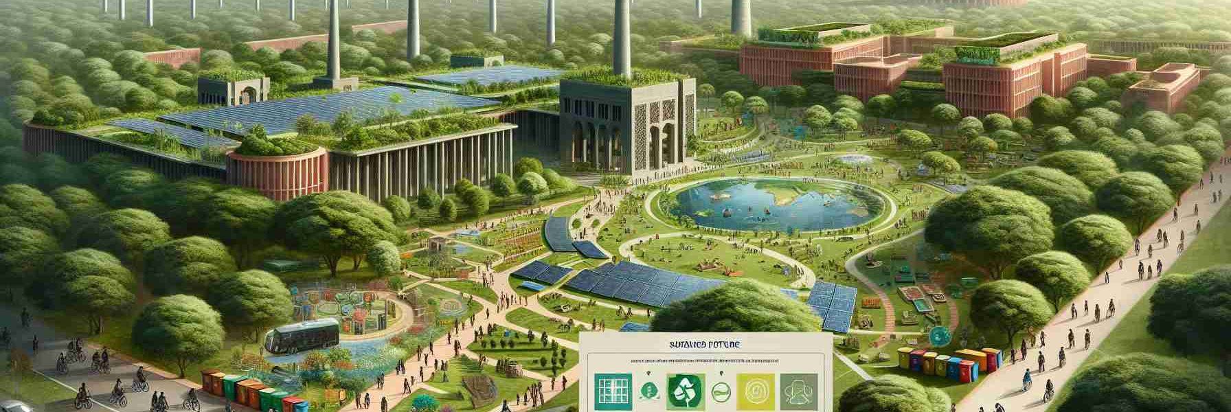 A high-definition, photo-realistic representation of Delhi University's vision for a sustained future. Showcase advanced construction, powered by green energy sources like wind turbines and solar panels. Illustrate lush, well-conserved biodiversity acting as the university's backdrop, with pathways aligned by the discipline of students commuting by foot or on bicycles. Capture elements signifying waste management and recycling initiatives, like color-coded bins. Also, incorporate imagery of high-tech laboratories and classrooms supporting research-oriented education in the heart of the university. Please depict a blend of traditional and modern architecture, reflecting an amalgamation of culture and innovation.