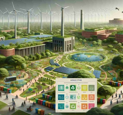 A high-definition, photo-realistic representation of Delhi University's vision for a sustained future. Showcase advanced construction, powered by green energy sources like wind turbines and solar panels. Illustrate lush, well-conserved biodiversity acting as the university's backdrop, with pathways aligned by the discipline of students commuting by foot or on bicycles. Capture elements signifying waste management and recycling initiatives, like color-coded bins. Also, incorporate imagery of high-tech laboratories and classrooms supporting research-oriented education in the heart of the university. Please depict a blend of traditional and modern architecture, reflecting an amalgamation of culture and innovation.