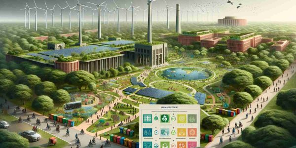 A high-definition, photo-realistic representation of Delhi University's vision for a sustained future. Showcase advanced construction, powered by green energy sources like wind turbines and solar panels. Illustrate lush, well-conserved biodiversity acting as the university's backdrop, with pathways aligned by the discipline of students commuting by foot or on bicycles. Capture elements signifying waste management and recycling initiatives, like color-coded bins. Also, incorporate imagery of high-tech laboratories and classrooms supporting research-oriented education in the heart of the university. Please depict a blend of traditional and modern architecture, reflecting an amalgamation of culture and innovation.