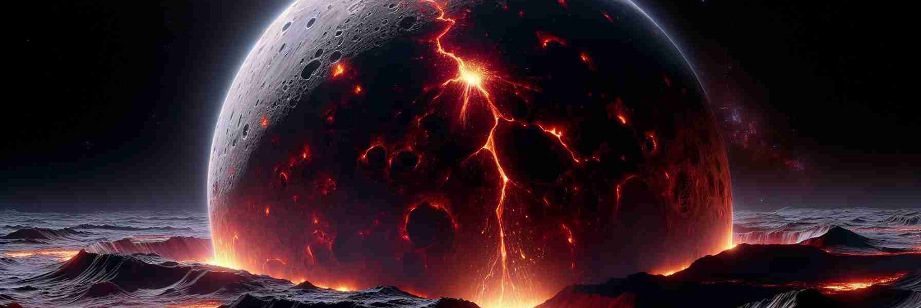 Illustrate a hyper-realistic, high definition image of a unique event: the discovery of an exomoon exhibiting volcanic activity. This celestial body should appear vastly different from our typical moon, highlighting its exotic and otherworldly quality. Molten lava should be seen erupting from its surface, creating a fiery contrast with the cold, dark void of the cosmos. The viewer should be able to marvel at the intricate detail of the volcanic eruption, the rugged lunar landscape, and the ethereal glow of the molten rock. Please add an exquisite play of light and shadow for a more immersive depiction.