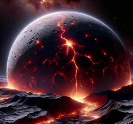 Illustrate a hyper-realistic, high definition image of a unique event: the discovery of an exomoon exhibiting volcanic activity. This celestial body should appear vastly different from our typical moon, highlighting its exotic and otherworldly quality. Molten lava should be seen erupting from its surface, creating a fiery contrast with the cold, dark void of the cosmos. The viewer should be able to marvel at the intricate detail of the volcanic eruption, the rugged lunar landscape, and the ethereal glow of the molten rock. Please add an exquisite play of light and shadow for a more immersive depiction.