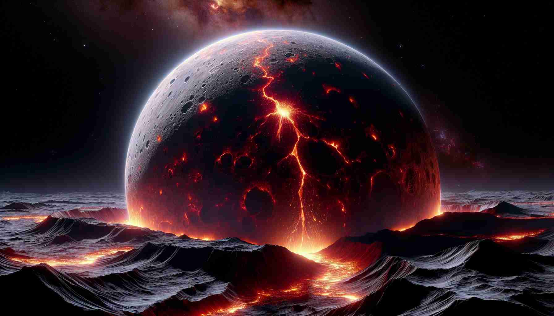 Illustrate a hyper-realistic, high definition image of a unique event: the discovery of an exomoon exhibiting volcanic activity. This celestial body should appear vastly different from our typical moon, highlighting its exotic and otherworldly quality. Molten lava should be seen erupting from its surface, creating a fiery contrast with the cold, dark void of the cosmos. The viewer should be able to marvel at the intricate detail of the volcanic eruption, the rugged lunar landscape, and the ethereal glow of the molten rock. Please add an exquisite play of light and shadow for a more immersive depiction.