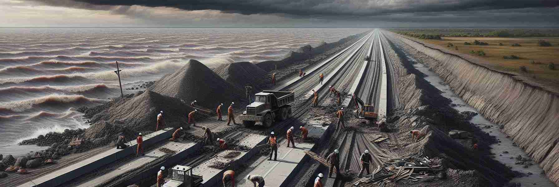 Render a realistic, high-definition image of a scene depicting escalating tension: a crew of workers, of mixed genders and from various descents, meticulously destroying the rough asphalt roads that once linked a Northern country to a Southern one. The landscape is austere, marked by the choppy gray waters of a river nearby, the dusty mounds of gravel, and border signs printed in a non-English language. The sky is an ominous canvas of brewing storm clouds, bringing an air of heavy anticipation. Use nuanced details and vivid colors for an impactful representation.