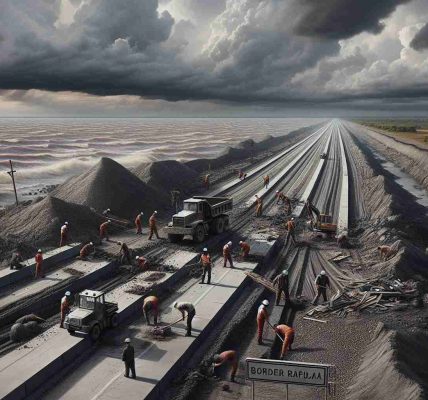 Render a realistic, high-definition image of a scene depicting escalating tension: a crew of workers, of mixed genders and from various descents, meticulously destroying the rough asphalt roads that once linked a Northern country to a Southern one. The landscape is austere, marked by the choppy gray waters of a river nearby, the dusty mounds of gravel, and border signs printed in a non-English language. The sky is an ominous canvas of brewing storm clouds, bringing an air of heavy anticipation. Use nuanced details and vivid colors for an impactful representation.