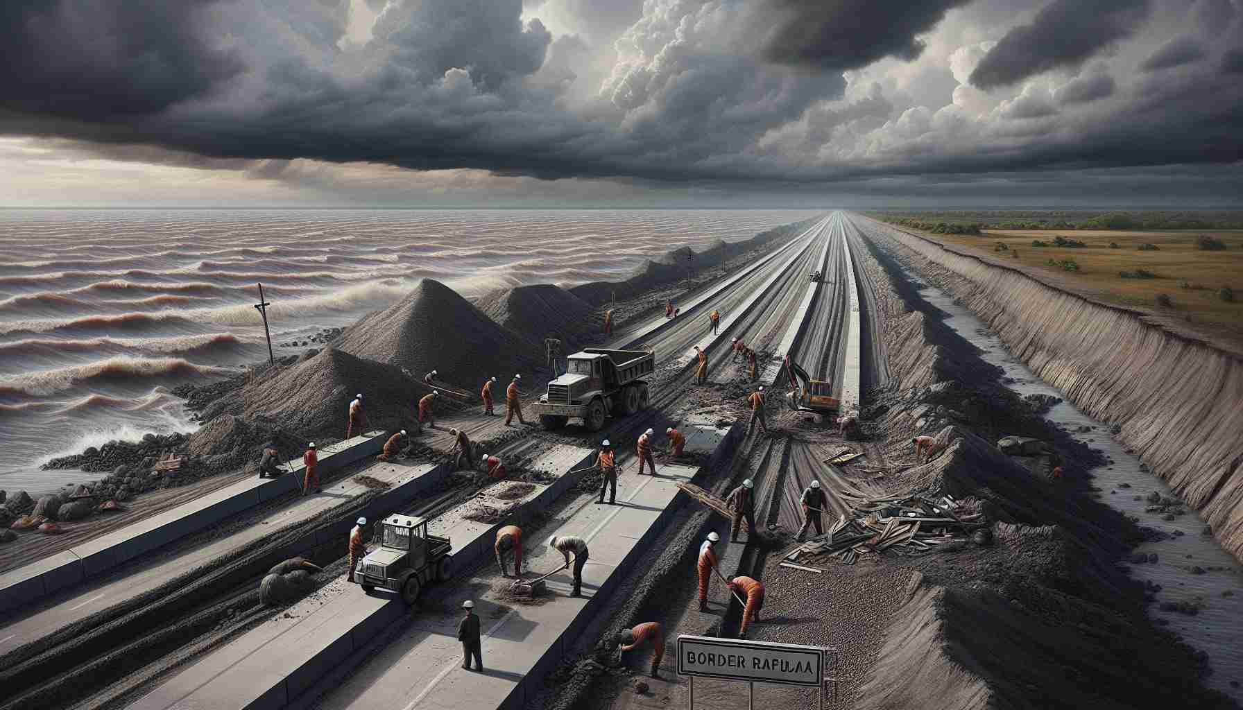 Render a realistic, high-definition image of a scene depicting escalating tension: a crew of workers, of mixed genders and from various descents, meticulously destroying the rough asphalt roads that once linked a Northern country to a Southern one. The landscape is austere, marked by the choppy gray waters of a river nearby, the dusty mounds of gravel, and border signs printed in a non-English language. The sky is an ominous canvas of brewing storm clouds, bringing an air of heavy anticipation. Use nuanced details and vivid colors for an impactful representation.