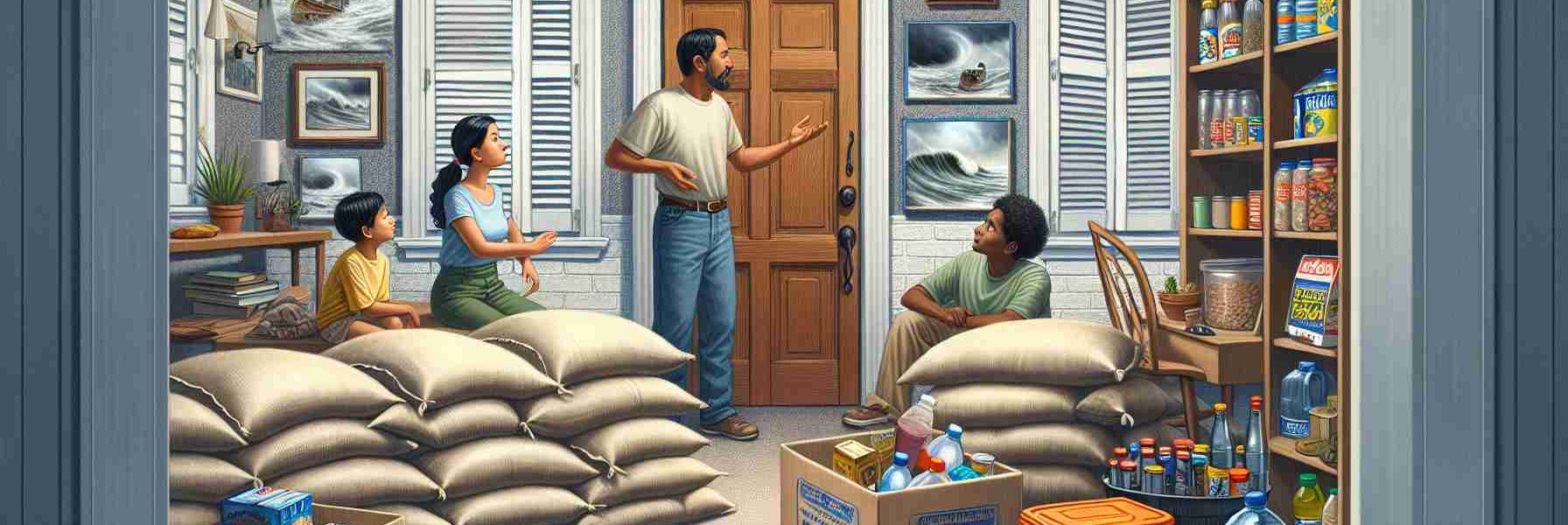 Create a detailed and high-definition image illustrating hurricane preparedness during the storm season in Jacksonville, Florida. The scene should include sandbags placed in front of doors, shuttered windows, a stocked pantry with non-perishable food, bottled water, candles, flashlights and batteries. Also, depict a family, consisting of a South Asian father, a Hispanic mother, their Caucasian son, and Black daughter, discussing their evacuation plan in the living room.