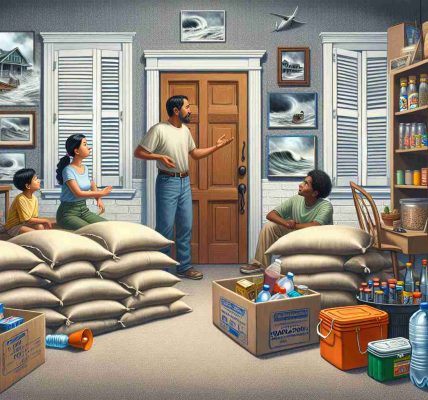 Create a detailed and high-definition image illustrating hurricane preparedness during the storm season in Jacksonville, Florida. The scene should include sandbags placed in front of doors, shuttered windows, a stocked pantry with non-perishable food, bottled water, candles, flashlights and batteries. Also, depict a family, consisting of a South Asian father, a Hispanic mother, their Caucasian son, and Black daughter, discussing their evacuation plan in the living room.