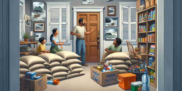 Create a detailed and high-definition image illustrating hurricane preparedness during the storm season in Jacksonville, Florida. The scene should include sandbags placed in front of doors, shuttered windows, a stocked pantry with non-perishable food, bottled water, candles, flashlights and batteries. Also, depict a family, consisting of a South Asian father, a Hispanic mother, their Caucasian son, and Black daughter, discussing their evacuation plan in the living room.