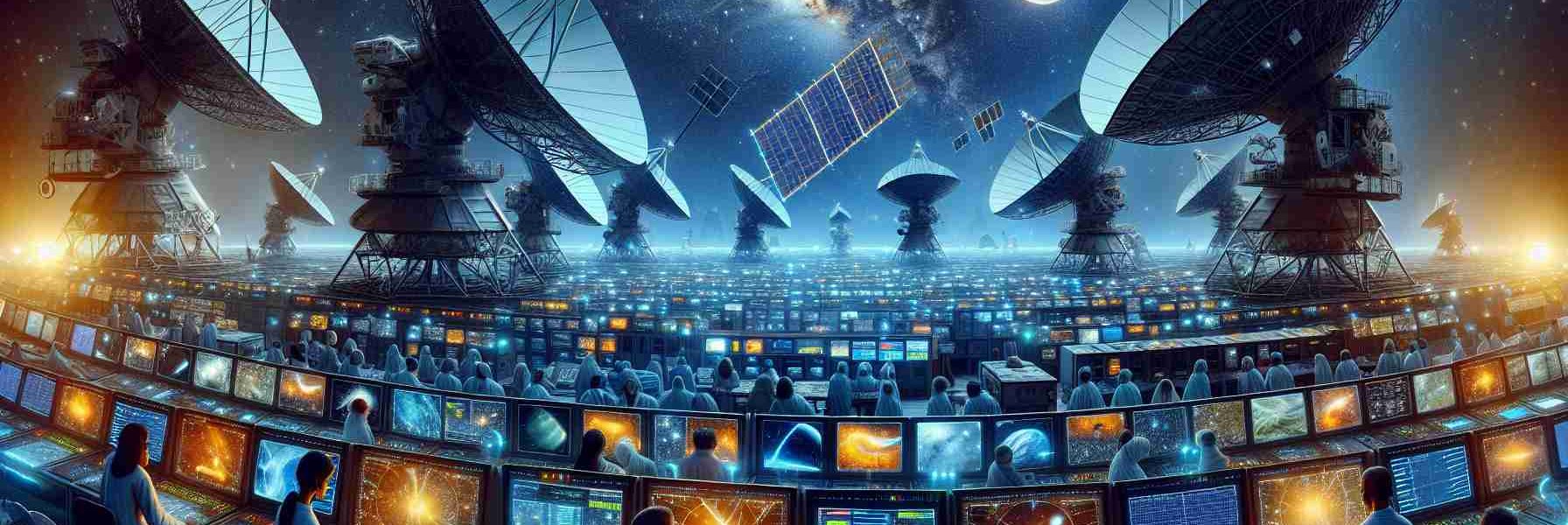 A highly detailed, realistic depiction of advanced space technology enhancing India's space surveillance capabilities. The scene consists of satellite dishes on the ground pointed skyward, complex control rooms filled with monitors displaying astronomical data, and cutting-edge satellites in space. The satellites have solar panels extended and they're sending signals back down to Earth. We see Indian scientists, diverse in race and gender, diligently working at the controls, ensuring smooth operation. The night sky is filled with countless stars and beyond, the canvas of deep space. The atmosphere radiates a sense of progress and wonder.