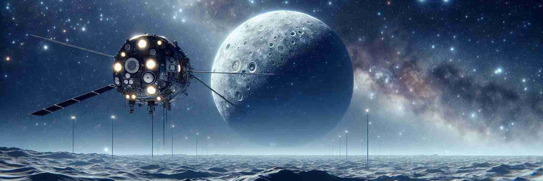 Create a high definition and highly realistic picture of a spacecraft mission, modelled after typical NASA constructs, set to explore the mystical oceans of a moon much analogous to Europa. Depict the spacecraft floating in the vast expanse of space, the distant stars twinkling in the background. The foreground should feature the moon it's set to explore, icy and intriguing, hinting at the possibility of alien oceans beneath its surface.