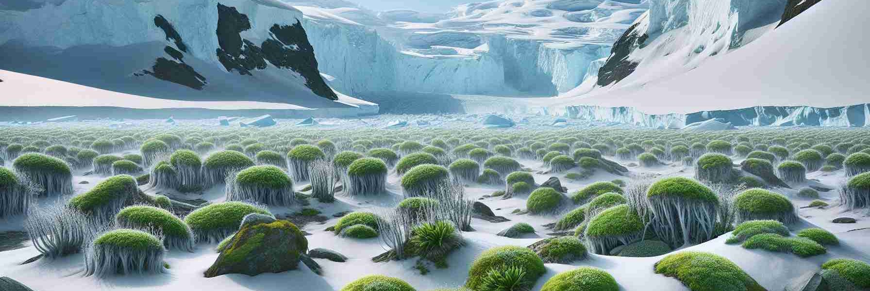 Produce a hyperrealistic, high-definition image illustrating a scene in Antarctica, which is famously known for its frozen landscapes. This image, however, should depict an unlikely event - rapid vegetation growth. Amid the vast icy plains and towering glaciers, imagine patches of greenery sprouting quickly. Possibilities might be mosses, lichens, or small shrubs adapted to the harsh cold. The image should accurately capture the stark contrast between the usual barren, white expanses, and the sudden, vibrant pockets of growth.