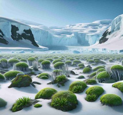 Produce a hyperrealistic, high-definition image illustrating a scene in Antarctica, which is famously known for its frozen landscapes. This image, however, should depict an unlikely event - rapid vegetation growth. Amid the vast icy plains and towering glaciers, imagine patches of greenery sprouting quickly. Possibilities might be mosses, lichens, or small shrubs adapted to the harsh cold. The image should accurately capture the stark contrast between the usual barren, white expanses, and the sudden, vibrant pockets of growth.