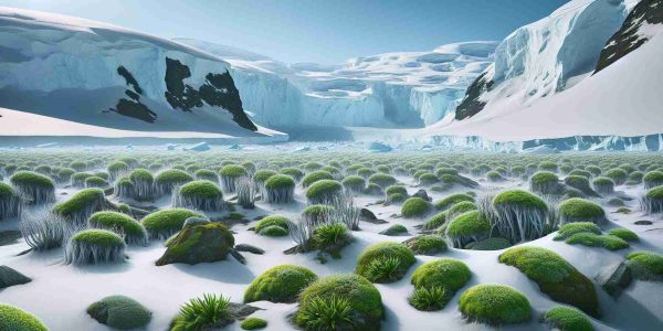 Produce a hyperrealistic, high-definition image illustrating a scene in Antarctica, which is famously known for its frozen landscapes. This image, however, should depict an unlikely event - rapid vegetation growth. Amid the vast icy plains and towering glaciers, imagine patches of greenery sprouting quickly. Possibilities might be mosses, lichens, or small shrubs adapted to the harsh cold. The image should accurately capture the stark contrast between the usual barren, white expanses, and the sudden, vibrant pockets of growth.