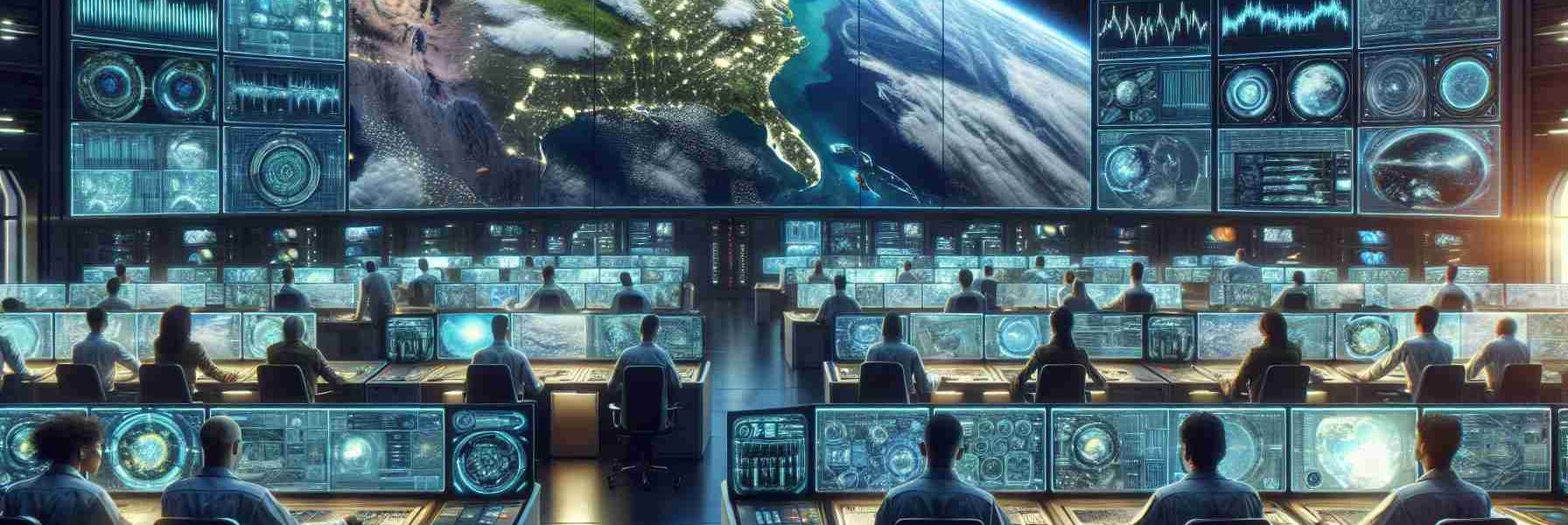 High-definition realistic image depicting the concept of a new space partnership aimed at enhancing military maneuverability. The scene includes an array of cutting-edge technology in a command center, multiple large screens are showing live feeds of earth from space as well as graphic data analysis. Technicians of diverse genders and various descents including Caucasian, Hispanic, and Middle-Eastern are actively engaging with the systems. Paint a vision of a technologically advanced future in the realm of space exploration and military strategy.