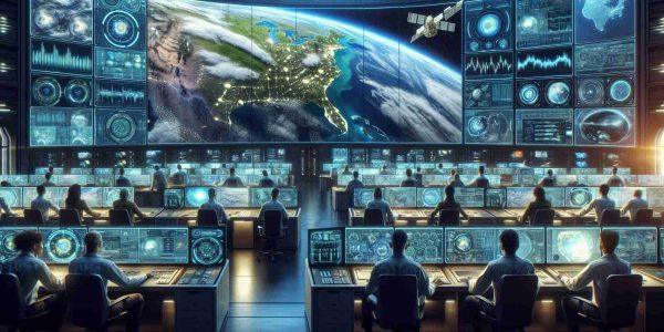 High-definition realistic image depicting the concept of a new space partnership aimed at enhancing military maneuverability. The scene includes an array of cutting-edge technology in a command center, multiple large screens are showing live feeds of earth from space as well as graphic data analysis. Technicians of diverse genders and various descents including Caucasian, Hispanic, and Middle-Eastern are actively engaging with the systems. Paint a vision of a technologically advanced future in the realm of space exploration and military strategy.