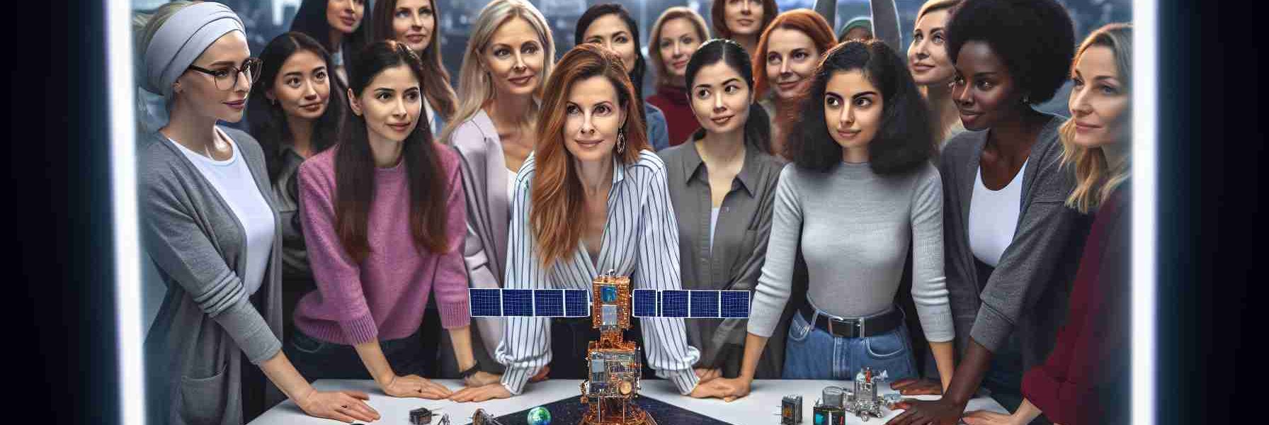 A high-definition, realistic image illustrating an empowering scene pertaining to future female innovators. Picture a multinational group of women gathered around a miniature model of a satellite, their faces reflecting the anticipation as they prepare for a global space initiative. This diverse group includes Caucasian, Hispanic, Black, Middle-Eastern, and South Asian women, all in various roles contributing to this monumental event. Tech and space-themed decor can be seen in the background, further emphasizing the magnitude of the initiative.