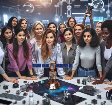 A high-definition, realistic image illustrating an empowering scene pertaining to future female innovators. Picture a multinational group of women gathered around a miniature model of a satellite, their faces reflecting the anticipation as they prepare for a global space initiative. This diverse group includes Caucasian, Hispanic, Black, Middle-Eastern, and South Asian women, all in various roles contributing to this monumental event. Tech and space-themed decor can be seen in the background, further emphasizing the magnitude of the initiative.