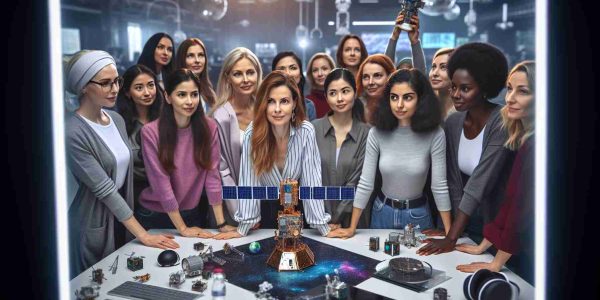 A high-definition, realistic image illustrating an empowering scene pertaining to future female innovators. Picture a multinational group of women gathered around a miniature model of a satellite, their faces reflecting the anticipation as they prepare for a global space initiative. This diverse group includes Caucasian, Hispanic, Black, Middle-Eastern, and South Asian women, all in various roles contributing to this monumental event. Tech and space-themed decor can be seen in the background, further emphasizing the magnitude of the initiative.