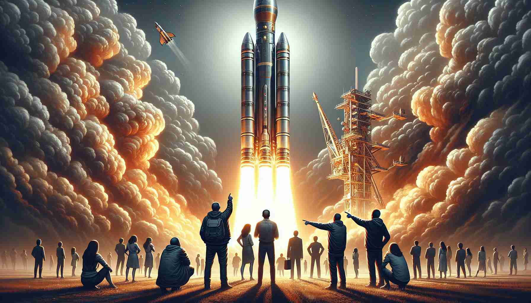 Detailed high-resolution image illustrating the launch of a large, modern rocket similar to those used in space exploration. The rocket is in mid-launch, brilliantly lit by the fiery thrusters at its base, sending billows of smoke and steam into the sky. Ground observers, composed of a mixed group of Caucasian, Black, and Asian men and women, are seen engaged in deep discussion, some pointing towards the rocket with expressions of concern on their faces, possibly discussing the environmental impact of such endeavors.