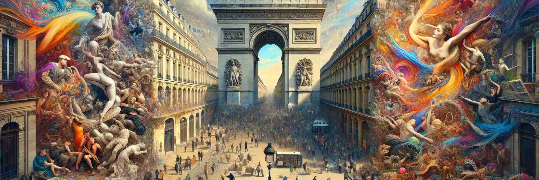 An ultra-high-definition interpretation that captures the energy, revival, and vibrant creativity of the Paris art scene. The image should depict artists of various descents such as Caucasian, Black, South Asian, Middle-Eastern, and Hispanic, both male and female, enlivening the city with their pieces. Include a diverse range of art forms - sculptures amidst bustling plazas, colorful murals bringing life to building walls, and intriguing performance acts captivating audiences at public parks. The historical architecture of Paris juxtaposed against the contemporary art forms breathes life into the image.