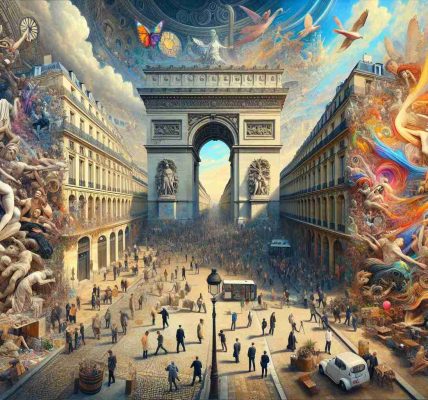 An ultra-high-definition interpretation that captures the energy, revival, and vibrant creativity of the Paris art scene. The image should depict artists of various descents such as Caucasian, Black, South Asian, Middle-Eastern, and Hispanic, both male and female, enlivening the city with their pieces. Include a diverse range of art forms - sculptures amidst bustling plazas, colorful murals bringing life to building walls, and intriguing performance acts captivating audiences at public parks. The historical architecture of Paris juxtaposed against the contemporary art forms breathes life into the image.