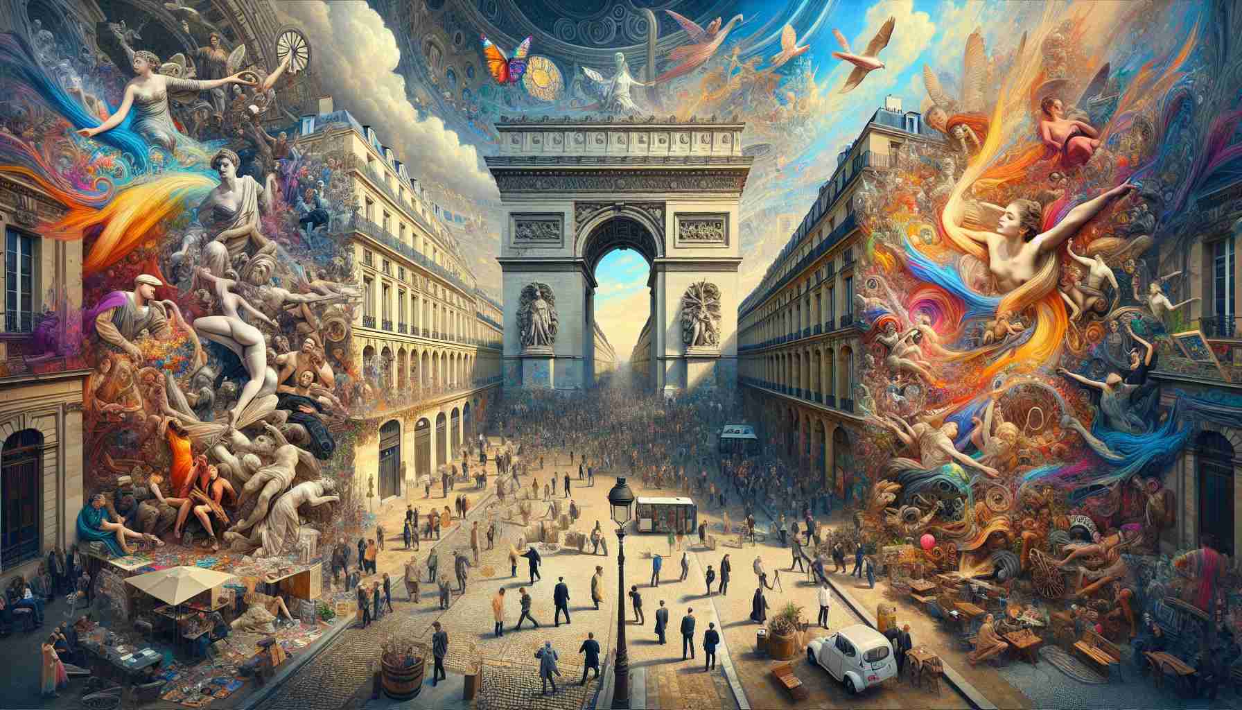 An ultra-high-definition interpretation that captures the energy, revival, and vibrant creativity of the Paris art scene. The image should depict artists of various descents such as Caucasian, Black, South Asian, Middle-Eastern, and Hispanic, both male and female, enlivening the city with their pieces. Include a diverse range of art forms - sculptures amidst bustling plazas, colorful murals bringing life to building walls, and intriguing performance acts captivating audiences at public parks. The historical architecture of Paris juxtaposed against the contemporary art forms breathes life into the image.